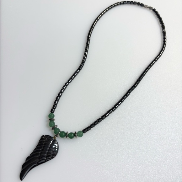 Vintage Hematite and Jade Stone Bead Barrel Closure Angel Wing Pendant Necklace - Picture 2 of 16